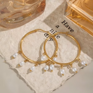 Vandfaste Fest Hoop Øreringe med Perler, Guld