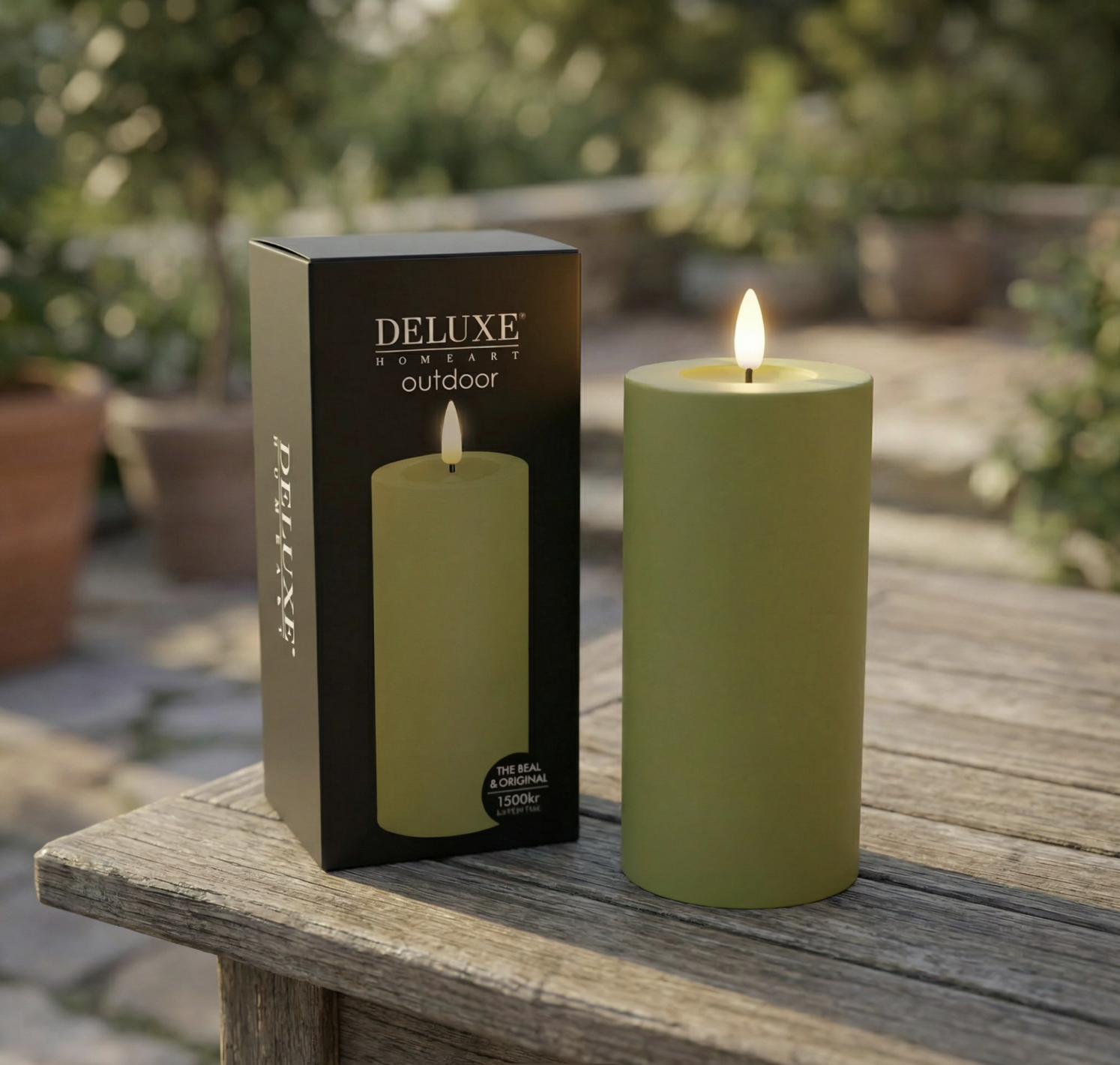 Deluxe LED Bloklys Outdoor Grøn – Real Flame LED Lys Ø7,5 × 15 cm - Billede 2