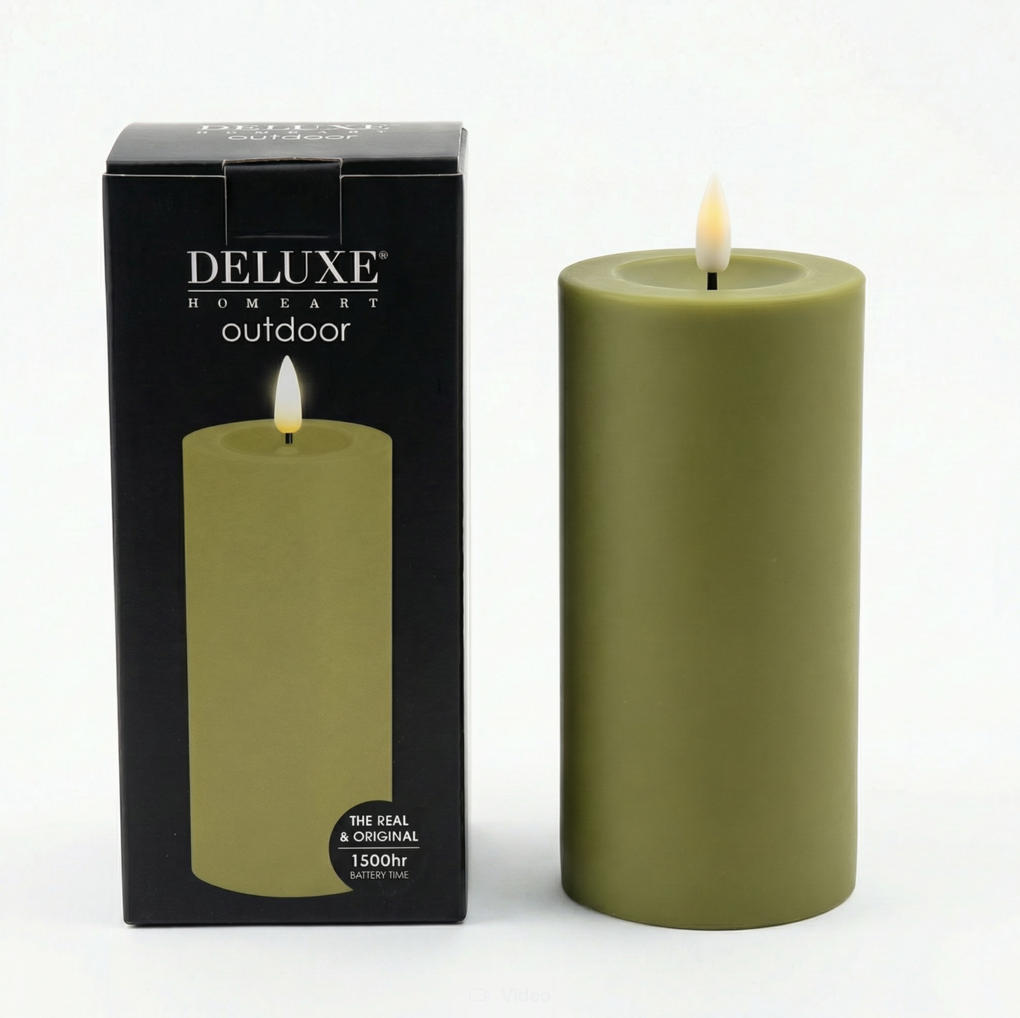 Deluxe LED Bloklys Outdoor Grøn – Real Flame LED Lys Ø7,5 × 15 cm