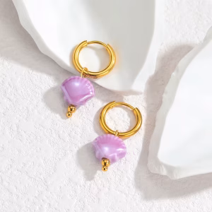 Øreringe Muslingvedhæng, Guld / Lilla