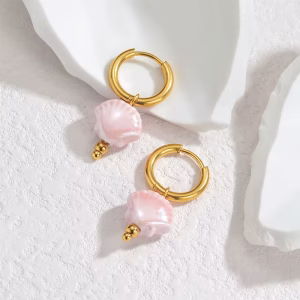 Øreringe Muslingvedhæng, Guld / Rosa