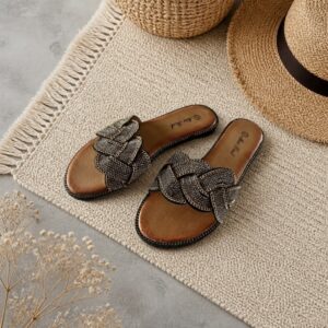 Flad Sandal Flet Sten Sort/Guld