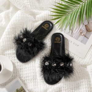 Flad Sandal Fjer og Sten Sort