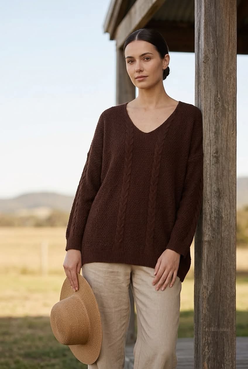 Kabeltrik bluse Mokka - One Size (L/XL)
