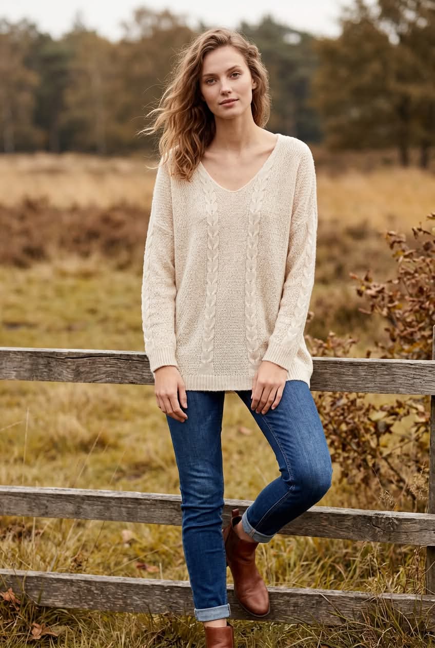 Kabeltrik bluse Creme - One Size (L/XL)