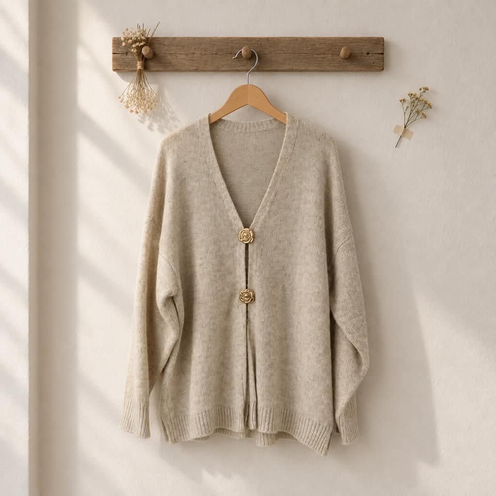 Cardigan med Rosenknapper - Lys Sand - Billede 2