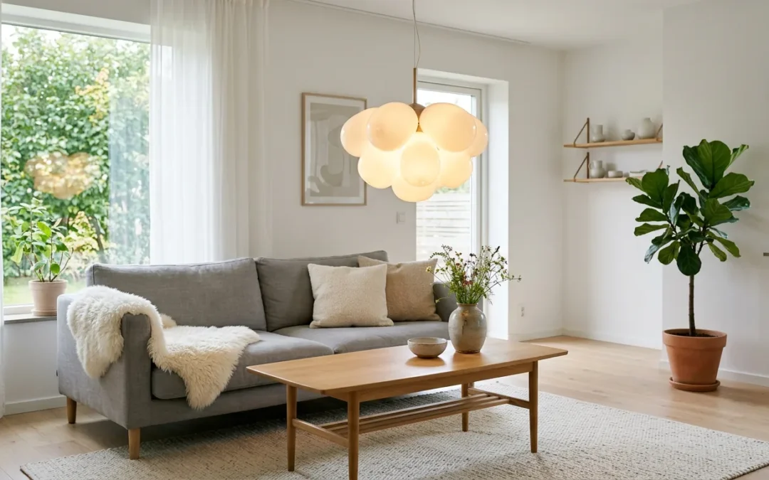 Lys nordisk stue med designer-loftlampe i opalglas over sofabord i egetræ og grå sofa